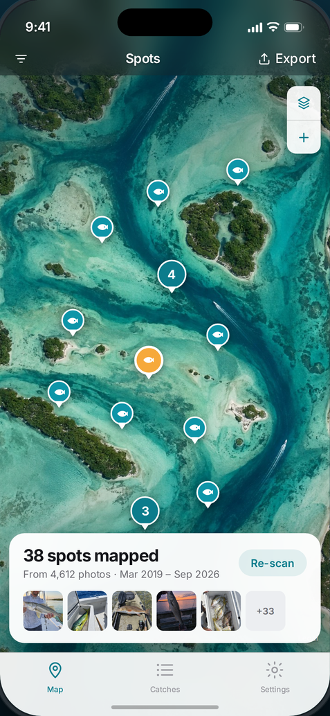 SpotStash's map screen showing fishing spots pinned across a shallow coastal bay