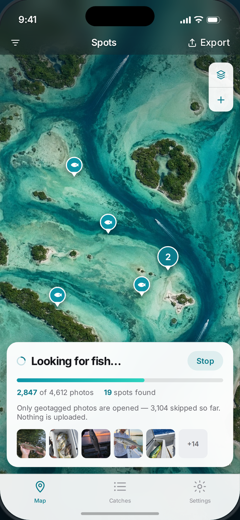 SpotStash scanning a photo library, showing progress and spots found