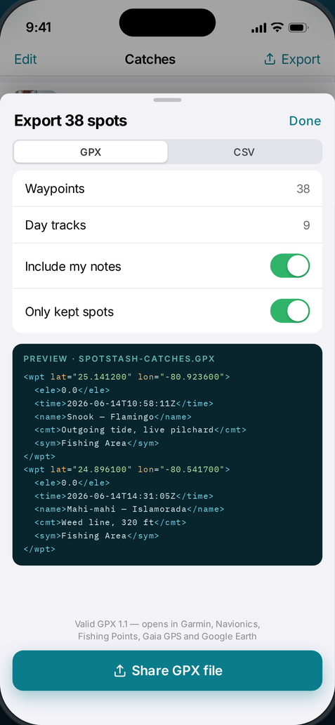 SpotStash's export sheet previewing the GPX file it will write