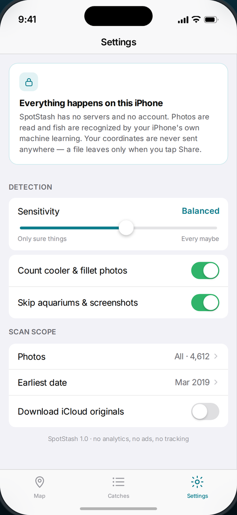 SpotStash's settings screen explaining that everything happens on the iPhone